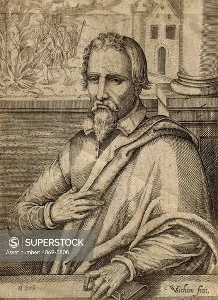 Michael SERVETUS (Miguel Serveto), 1509/11-53 Spaniard martyred in the Reformation (27 October 1553) for his criticism of doctrine of the trinity and opposition to infant baptism, engraving by V. Sichem