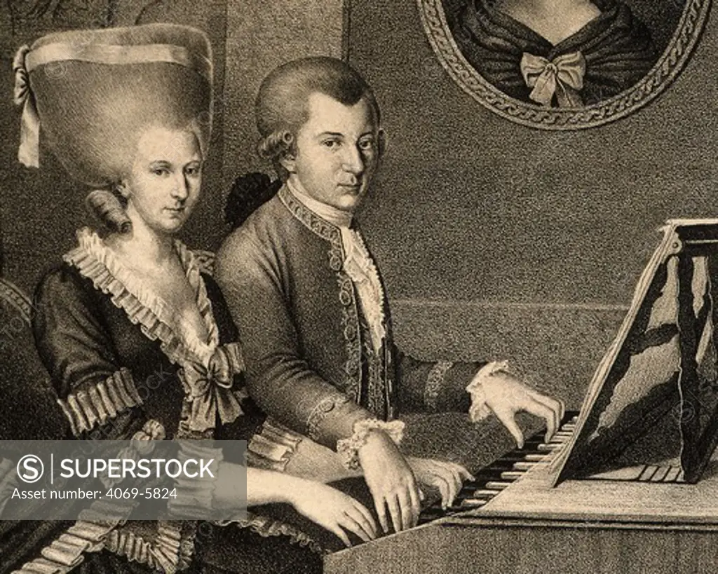 Wolfgang Amadeus MOZART, 1756-91 Austrian composer, and his sister Nannerl (Maria Anna), 1751-1829, playing the piano, 1780-81 Austrian engraving (detail)