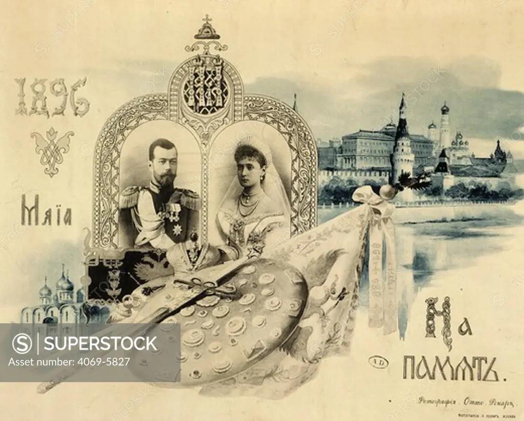 NICHOLAS II, Nikolai Aleksandrovich Romanov (1868-1918), Tsar of Russia, and his wife Alexandra Fedorovna (Alix of Hesse),1872-1918, granddaughter of Queen Victoria of England and Tsarina of Russia. At their coronation on 14 May 1896