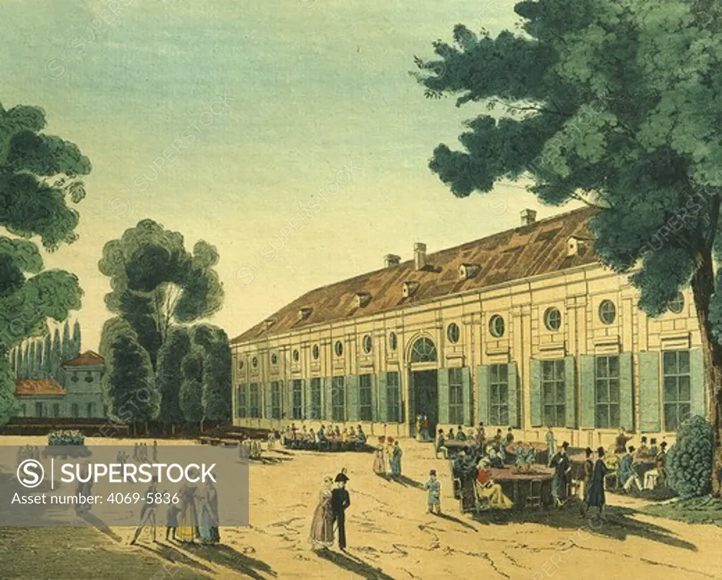 Restaurant in the Augarten, Vienna, Austria, 1828 engraving on copper by Leopold Poratky