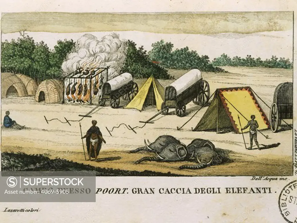 Elephant hunt at camp near Poort, South Africa, from 1783 Travels into the Cape of Good Hope into the Interior Parts of Africa, published 1786, by Francois Le Vaillant, 1753-84 French traveller and ornithologist
