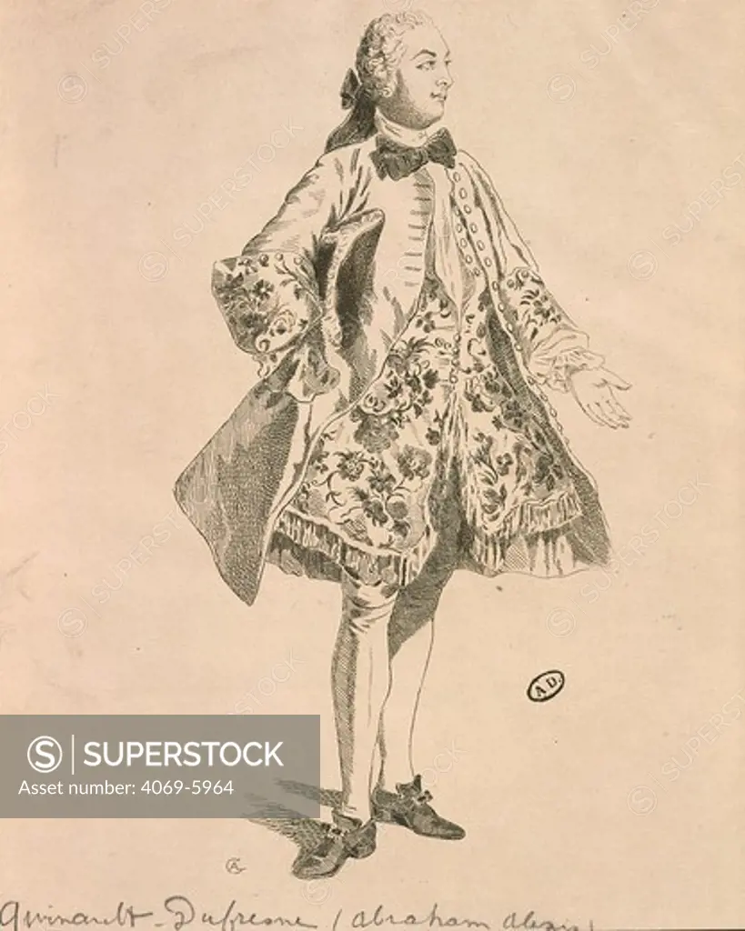 Abraham Alexis QUINAULT-Dufresne, 1696-1767 French actor, in the role of the Comte de Tupiire in the play Les Glorieux by NZricault Destouches, 18th century engraving after Lancret