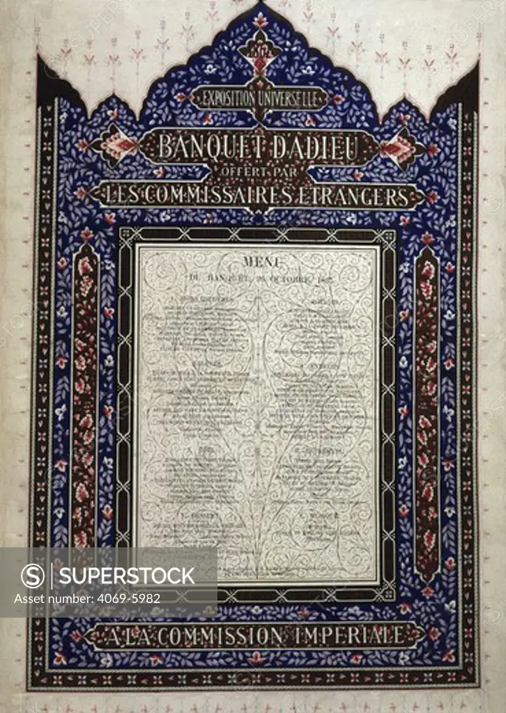 Menu for farewell banquet given 26 October 1867 by foreign commissioners to the imperial commission, France