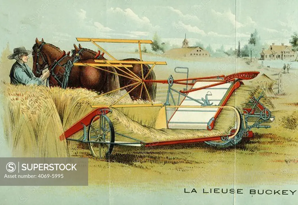 Buckey binder used in wheat harvest, 1900, French engraving