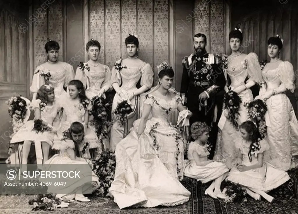 GEORGE V, 1865-1936, King of England (1910-36) and Queen Mary, 1867-1953, on their wedding day in 1893 when Duke and Duchess of York, with bridesmaids, 19th century photograph