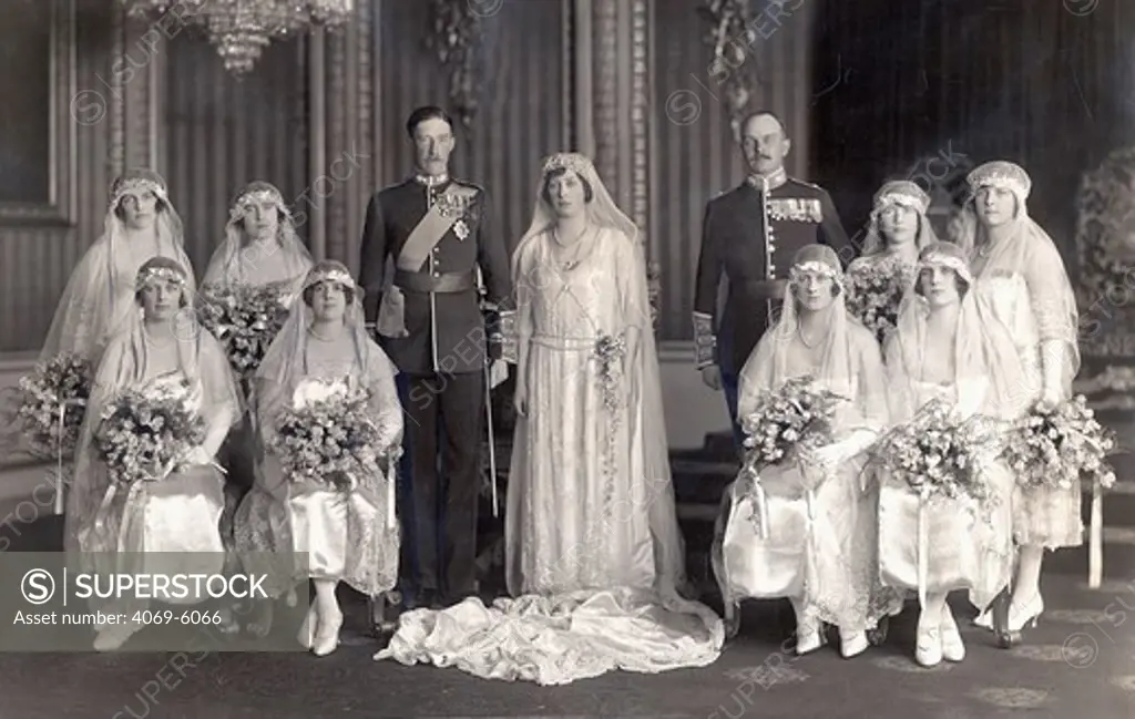 Princess MARY Viscountess Lascelles, 1897-1965, daughter of King George V and Queen Mary, on day of her marriage to Lord Lascelles with bridesmaids, photograph 1922