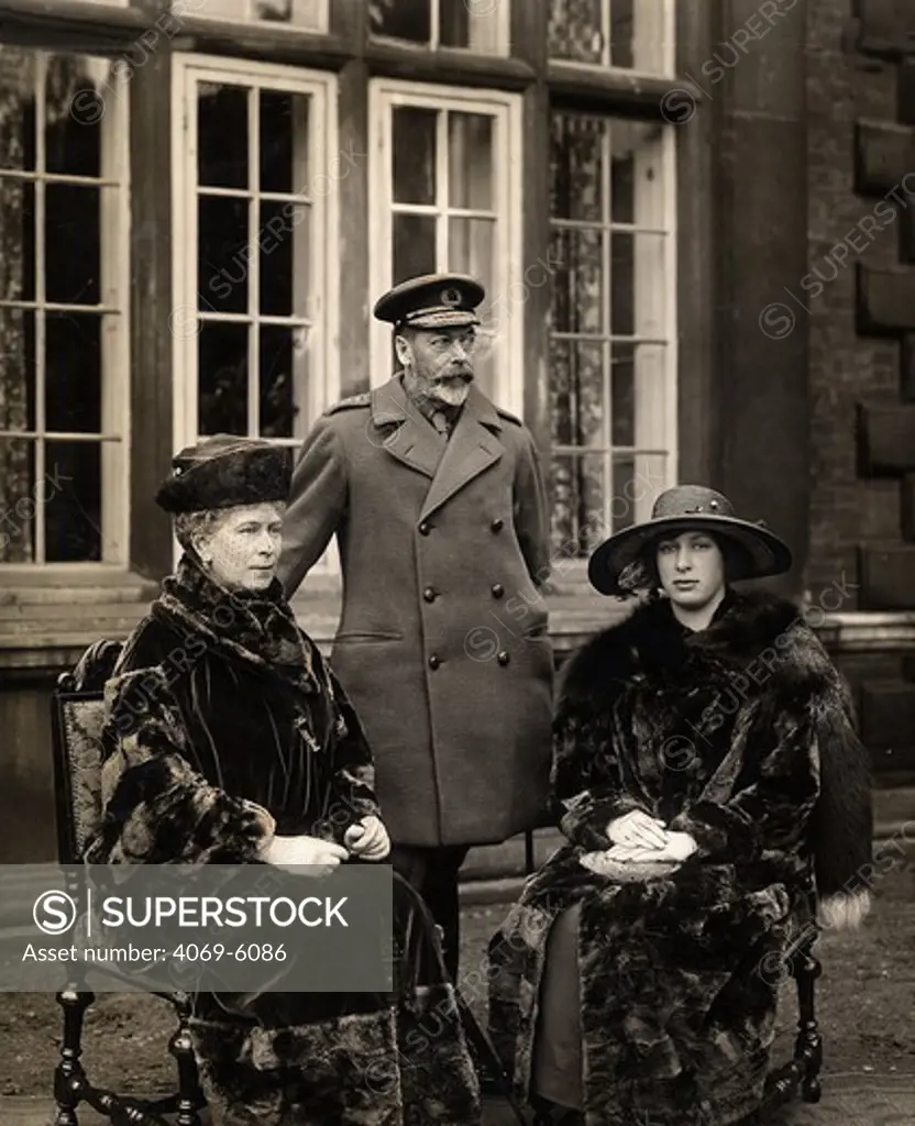 GEORGE V, 1865-1936, King of England (1910-36), Queen Mary, 1867-1953 and Princess Mary, at Kneller Hall (Royal Military School of Music), London, photograph May 1923