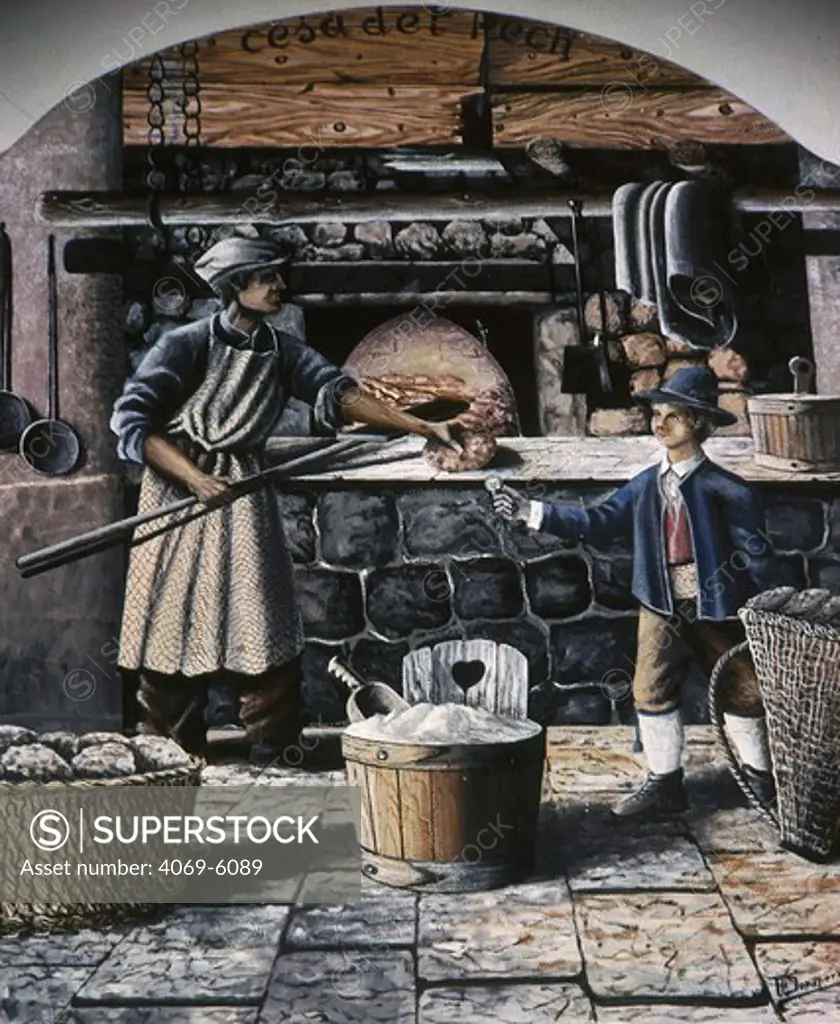 Young boy fetching bread from bakery, fresco depicting traditional life in the southern Tyrol, 1985, wall of house in Sorraperra, Dolomites, Italy (detail)