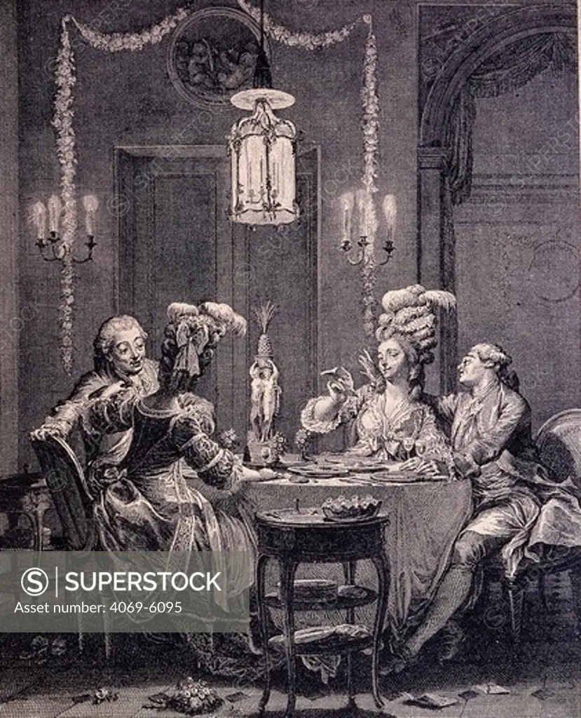Elegant dinner, 18th century engraving by J. M. Moreau the younger