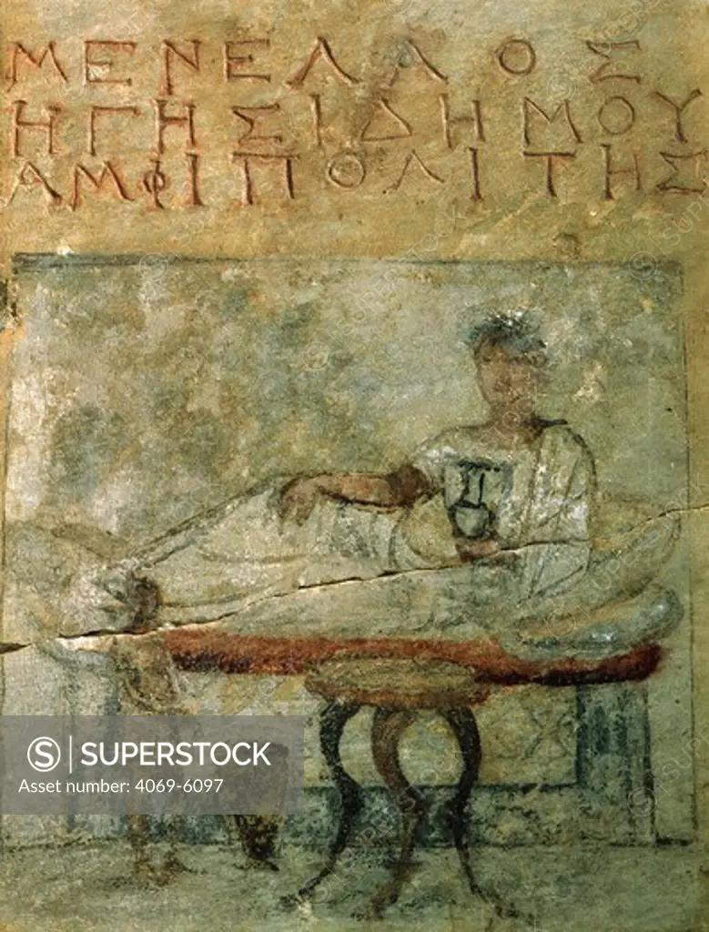 Man reclining on coach, glass in hand, fresco, funerary stele of Menelaos, Hellenistic Greek, from Demetrias, Greece (detail)