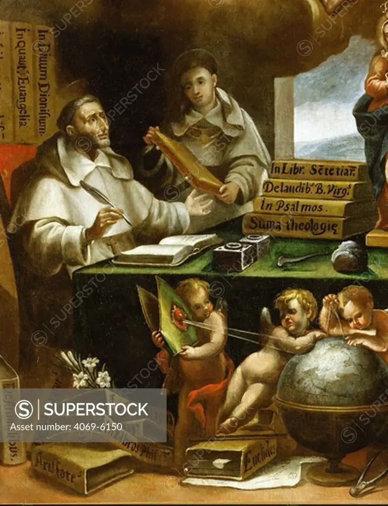Saint Albert writing, Apparition of Saint Paul to Saint Albert the Great and Saint Thomas Aquinas from Convent of Saint Esteban, detail