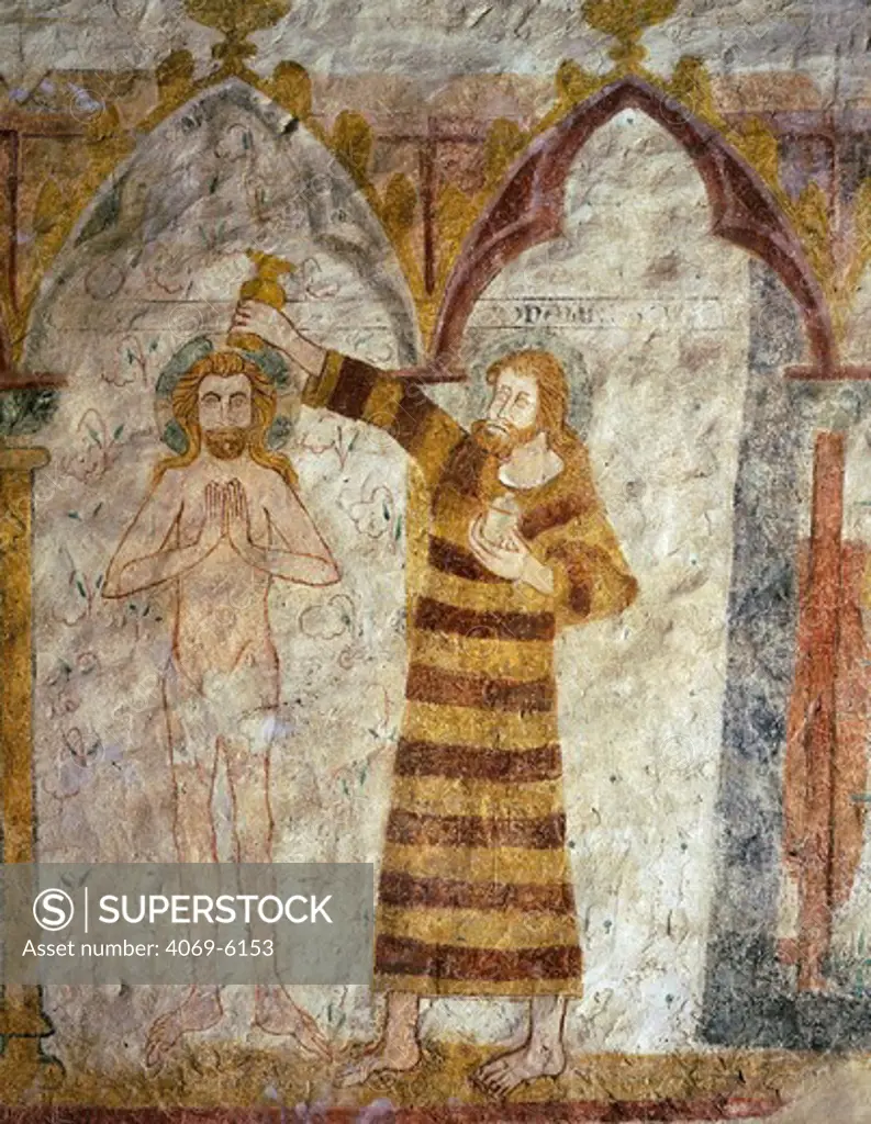Baptism of Christ by Saint John the Baptist, Gothic mural painting, 15th century, church of St Hilaire, Asniires-sur-VZgre