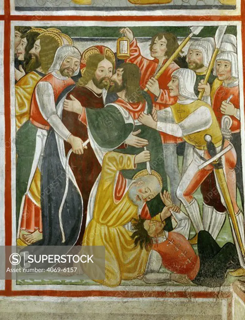 The kiss of Judas, 15th century fresco, 'the poor man's Bible ', Church of the Trinity, Piedmont
