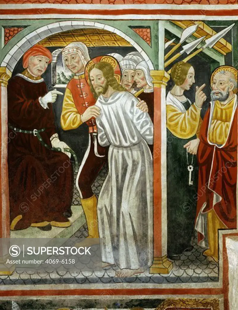 Christ in front of the HIgh Priest, Saint Peter and the servant girl, 15th century fresco, 'the poor man's Bible ', Church of the Trinity, Piedmont