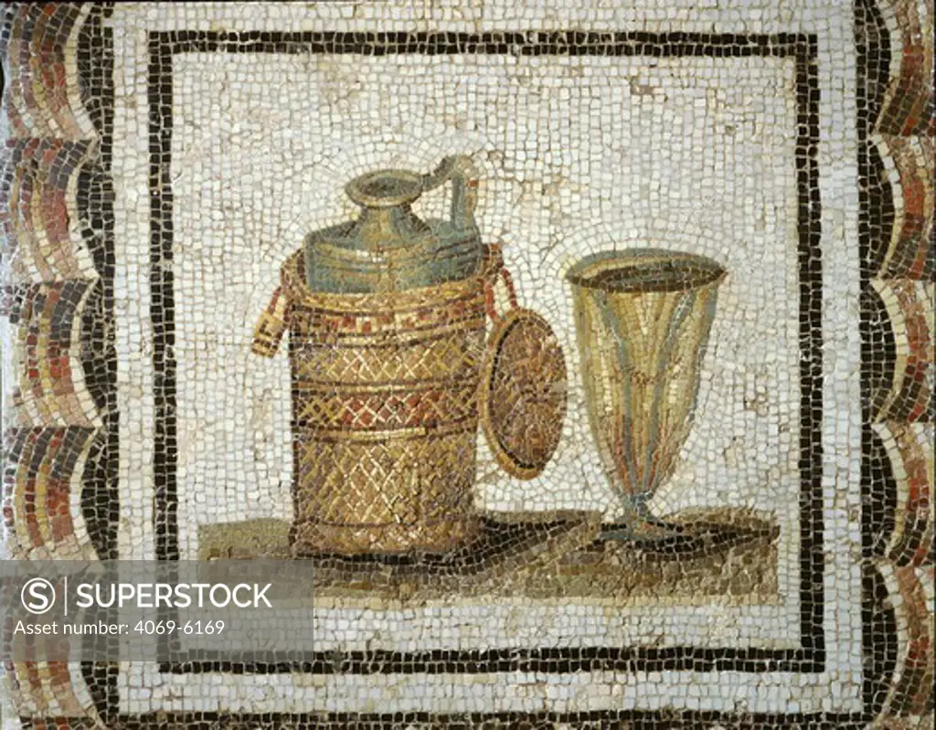 Bottle and drinking glass, mosaic, late 2nd century AD, Roman from pavement of a triclinium (dining room) at Thysdrus, El-Jem, Tunisia