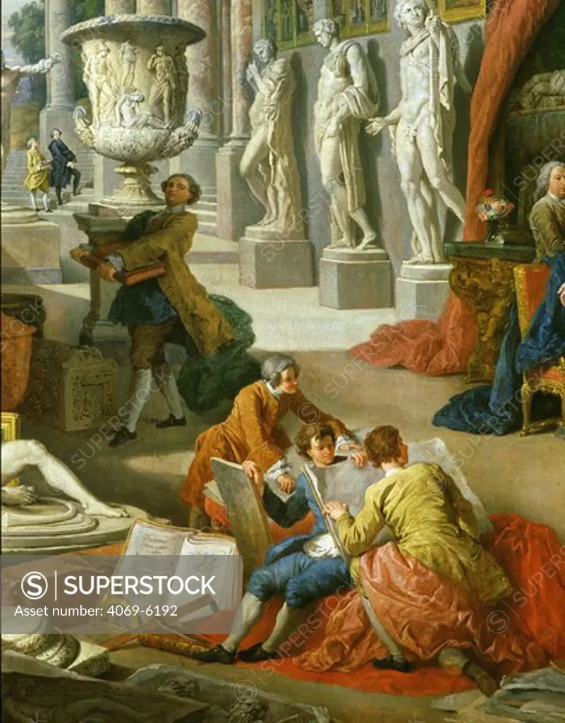 Drawing students copying antiquities, from Gallery of views of Ancient Rome, 1758, commissioned by The Abbot of Canillac, friend and patron of the painter at Rome, detail