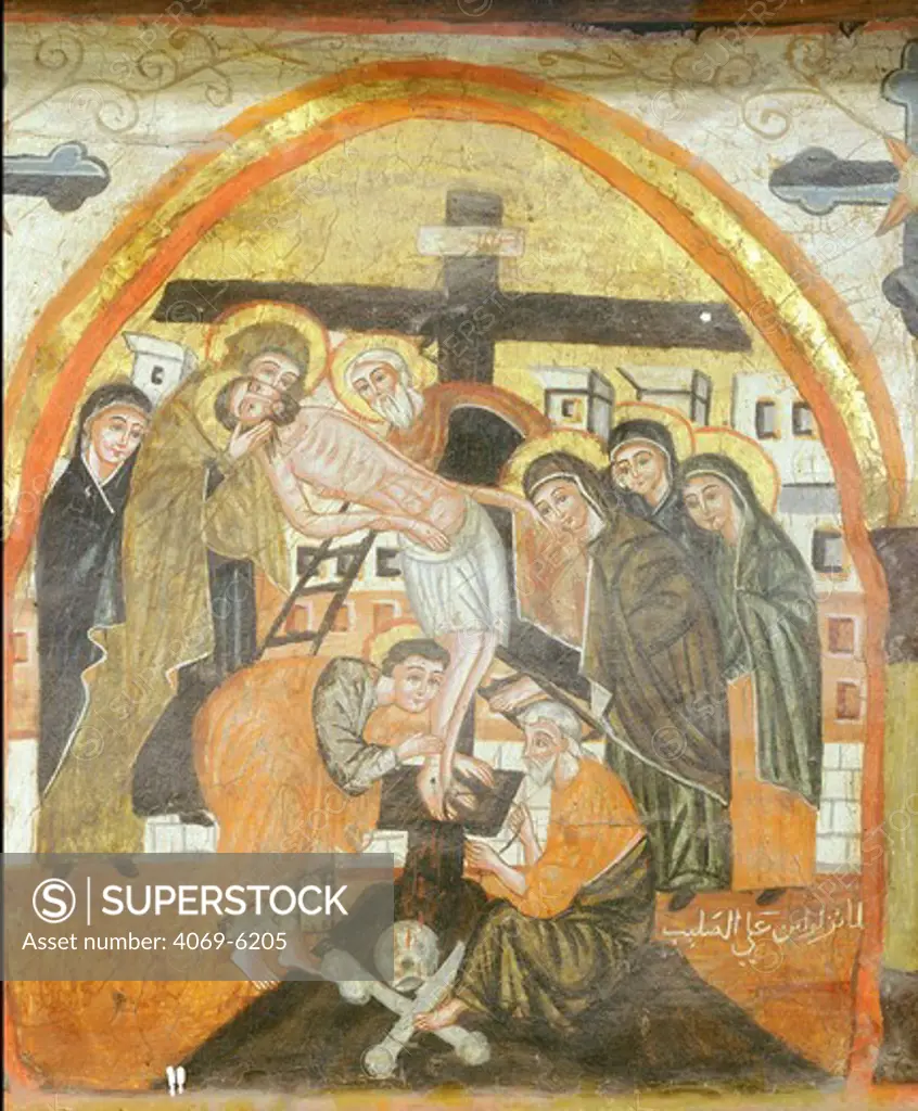 Descent from the cross, Coptic icon, byzantine influence, 14th century
