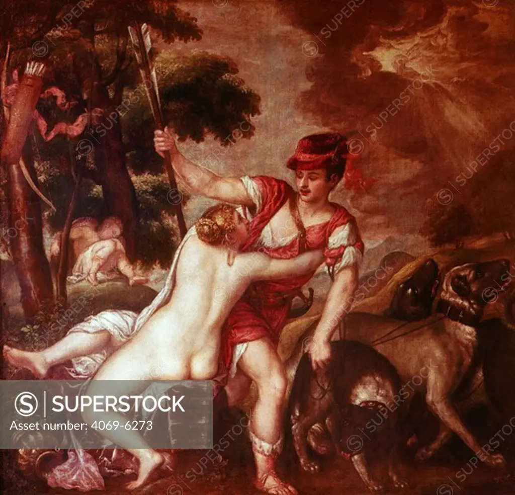 Venus and Adonis (Venus trying to prevent her lover Adonis from leaving to hunt)