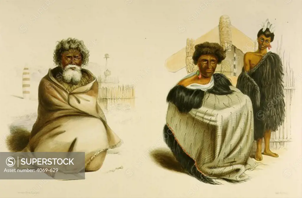 Te Ohu heathen priest and Ko Tauwaki chief of Tukanu from Maori tribes with Wahi tapu for deceased priest, from New Zealanders Illustrated, 1847