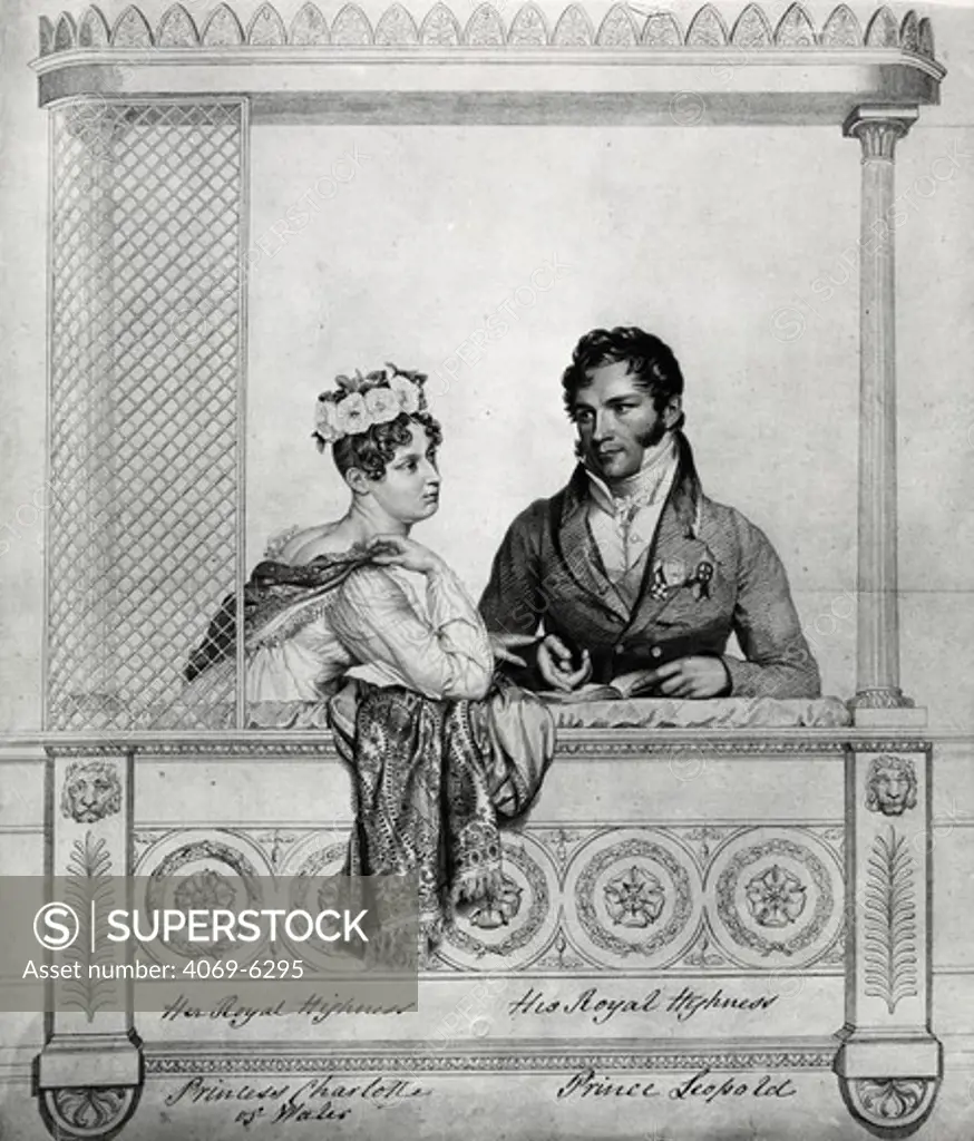 Prince LEOPOLD, 1790-1865, first king of the Belgians, reigned 1831-65 and CHARLOTTE Augusta, Princess of Wales 1796-1817, m.1816 in an opera box, engraving, chalk and stipple