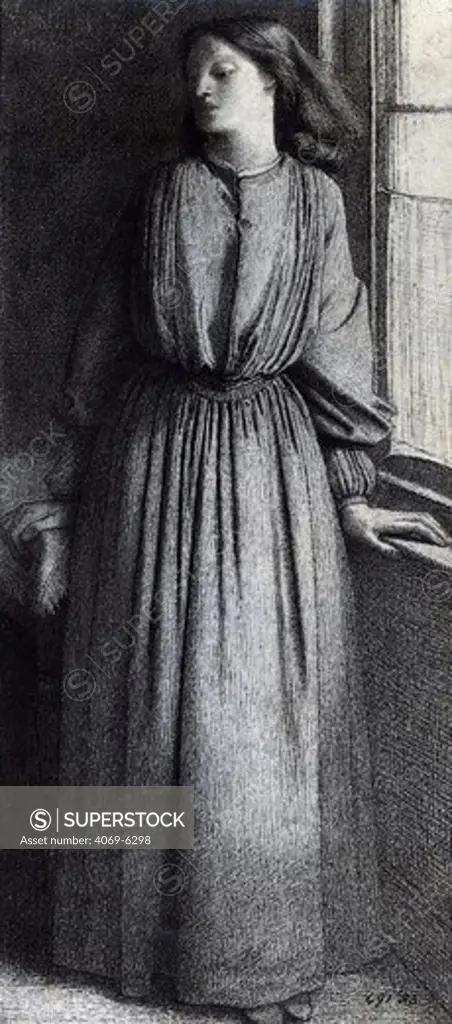 Miss Elizabeth Eleanor SIDDAL, 1829-62, model, artist and poet, later Mrs D G Rossetti, engraving after pen drawing, 1854