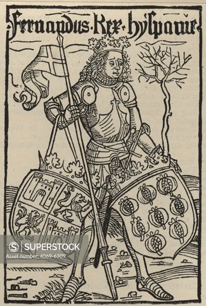 FERDINAND of Spain, 1452-1516, King of Castile and Aragon, frontispiece to Christopher Columbus' De insulis nuper inventis epistola, woodcut, Basel, 1494