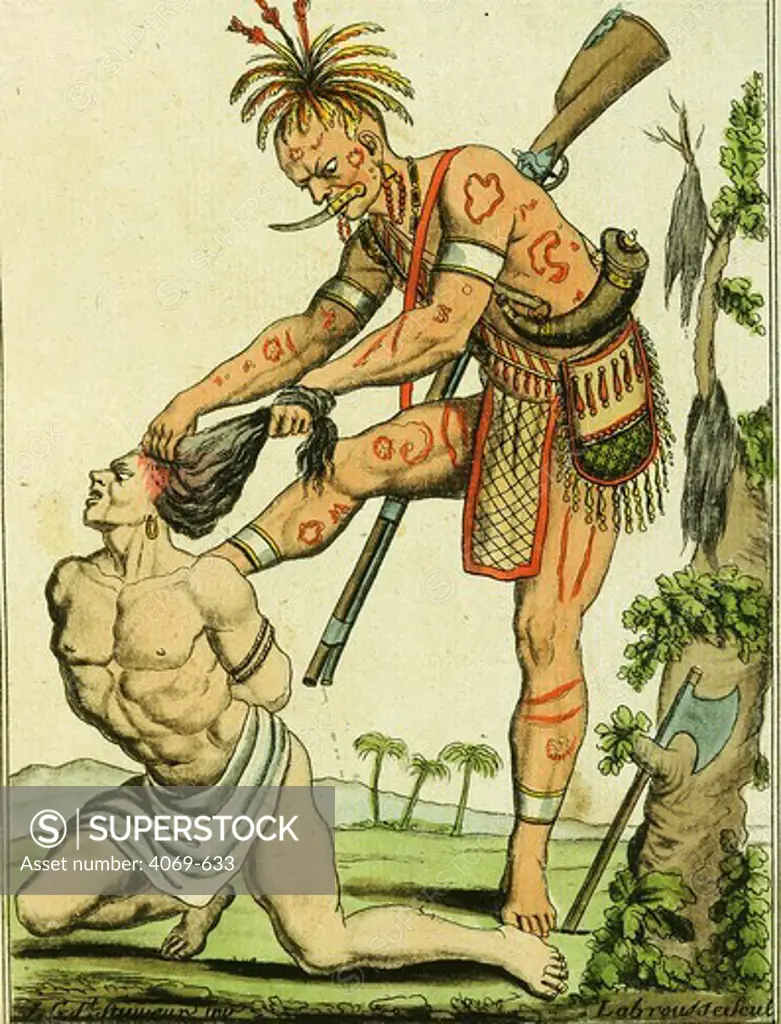 Iroquois Indian scalping white man in Canada from Encyclopedia of Voyages 1796 by Grasset de Saint Saveur and Labrousse