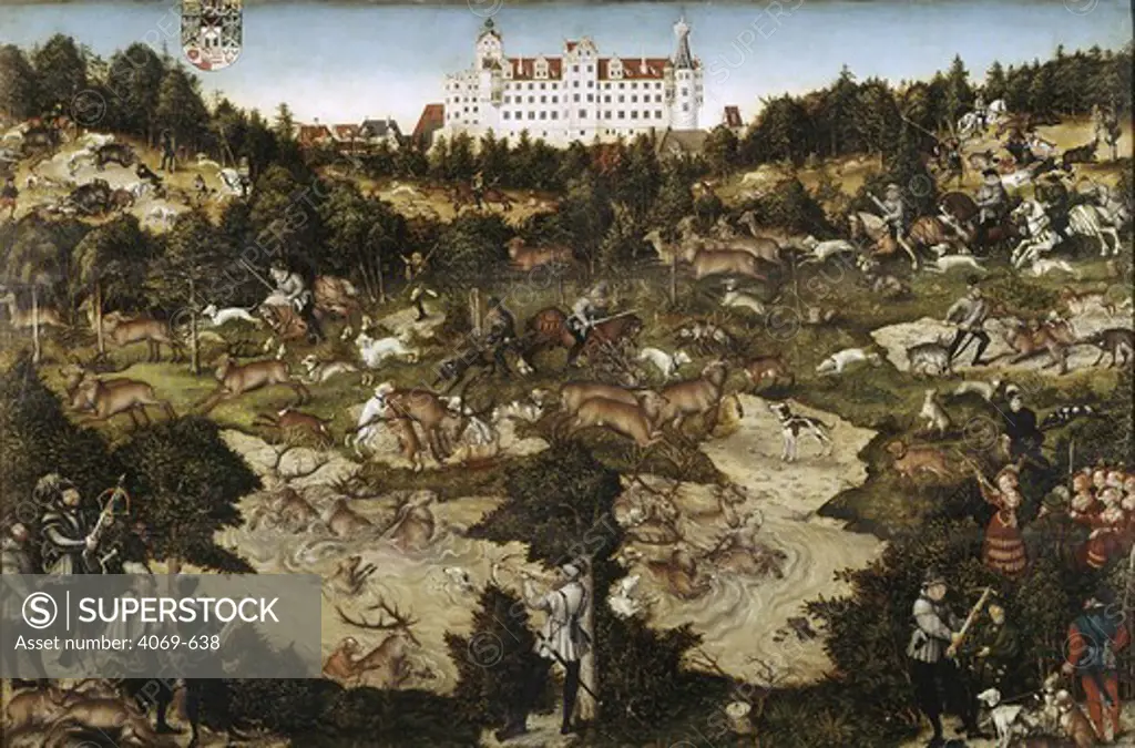 Hunting Party in Honour of CHARLES V at Torgau Castle, 1544, Charles V, 1500-58, was Holy Roman Emperor from 1519-56, Carlos I of Spain, 1516-56 and Archduke of Austria, 1519-21, is shown in black, lower left, hunting a stag