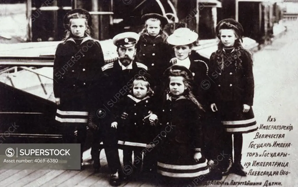 Tzar NICHOLAS II (Nikolai Aleksandrovich Romanov), 1868-1918 and Empress Alexandra with their children, Olga, Tatiana, Marie, Anastasia and the Tzarevich Alexis aboard the Imperial yacht Standart, photograph, c.1906