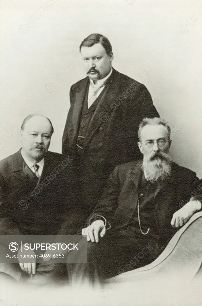 Nicolai RIMSKY-KORSAKOV, 1844-1908, Russian composer, with composers Alexander Glazunov (1865-1936) and Anatol Ljadov (1855-1914), photograph, 1905