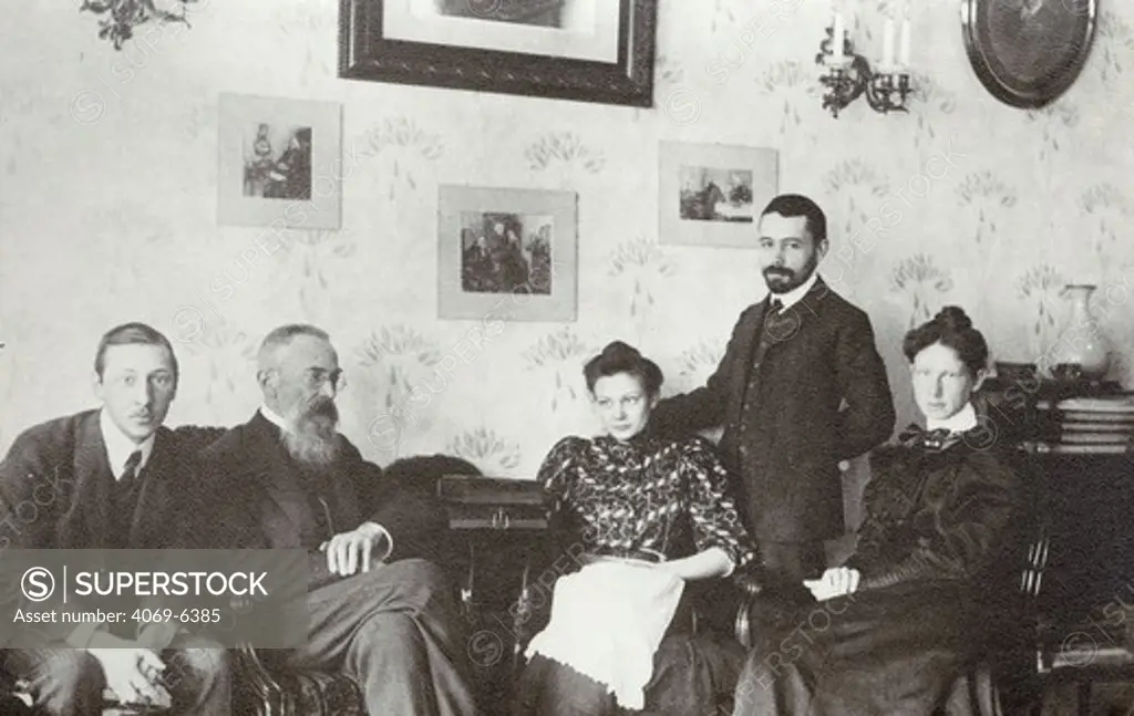 Nicolai RIMSKY-KORSAKOV, 1844-1908, Russian composer, at home with his pupil Igor STRAVINSKY 1882-1971 (far left) and other family, undated photograph