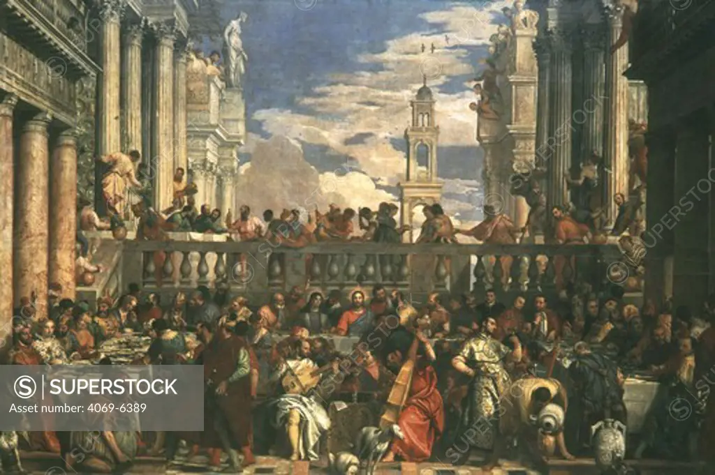 The Wedding at Cana, painted 1562-63 (portraits include Francis I of France, Mary of England, Charles V, and, as musicians, Titian, himself, his brother Benedetto, Tintoretto, Jacopo Bassano and Palladio) (photographed before restoration)