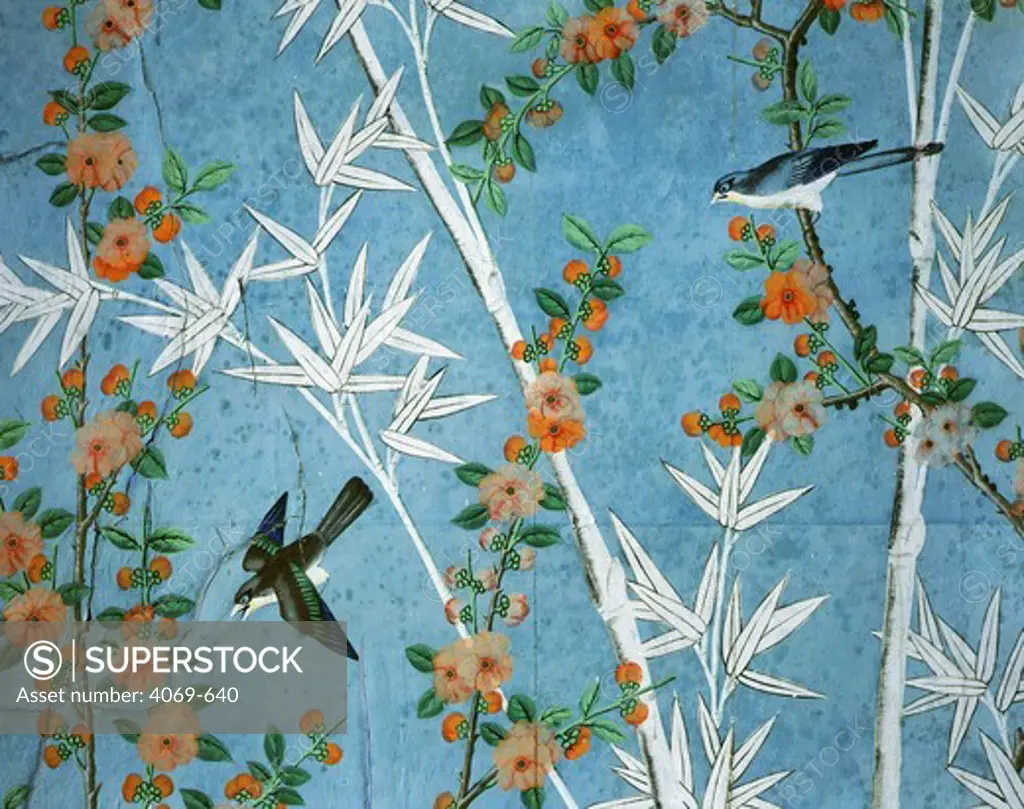 Painted wallpaper with chinoiserie design of bamboo and birds 1760 at Chateau de Maintenon France