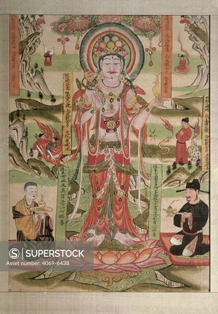 Bodhisattva Avalokitesvara, Saviour of all perils, painting on silk, illustration from the Sutra of Guanyin, 9th century, T'ang dynasty, 618-907 AD, from caves at Mogao (Gansu), Dunhuang, detail