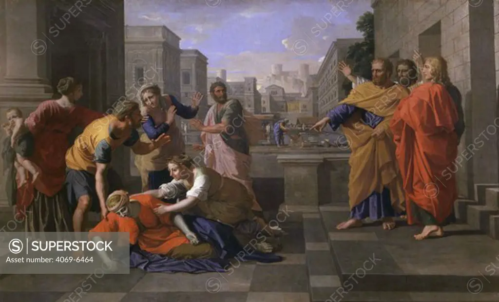 The Death of Sapphira, the wife of Ananias falls dead at the feet of Saint Peter at Jerusalem, from the Acts of the Apostles, c. 1652