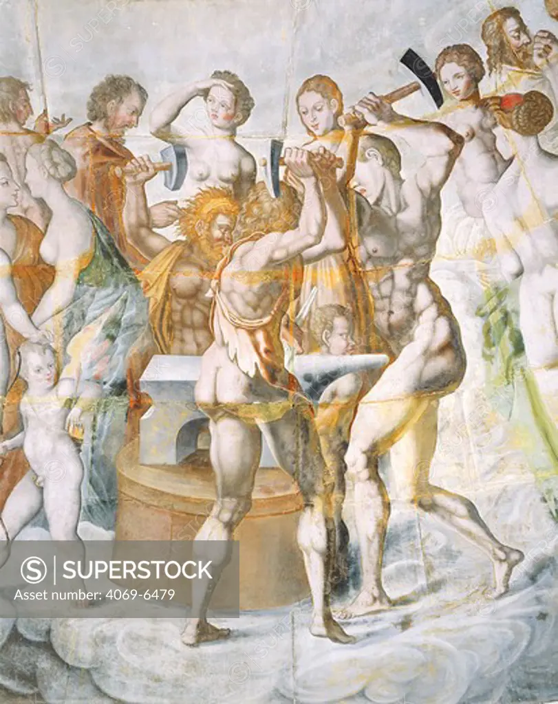 Vulcan's Forge, Catholics and Protestants as gods and goddesses at the court of Henri II, after an ode by Ronsard, frescoes in the golden tower called La Ligue, 16th century