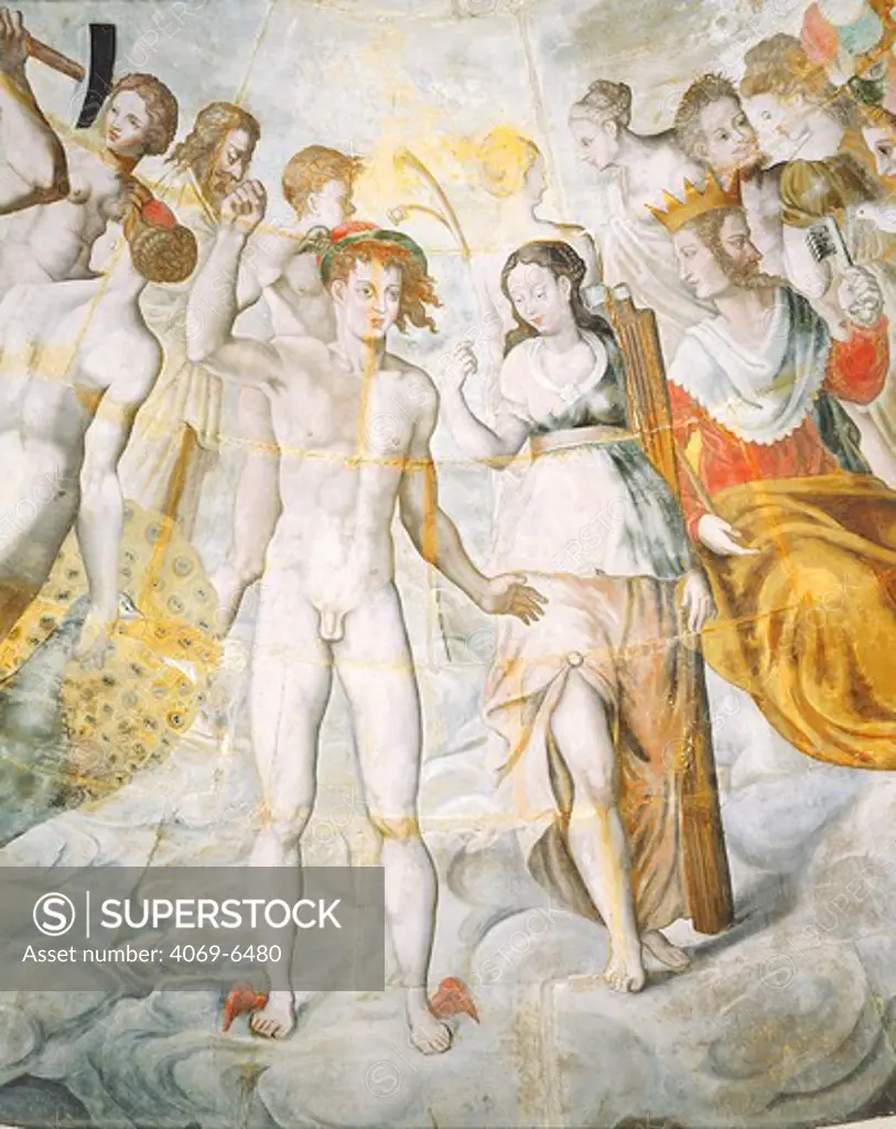 Mercury, the messenger god, with Psyche and Janus (right), Catholics and Protestants as gods and goddesses at the court of Henri II, after an ode by Ronsard, frescoes in the golden tower called La Ligue, 16th century