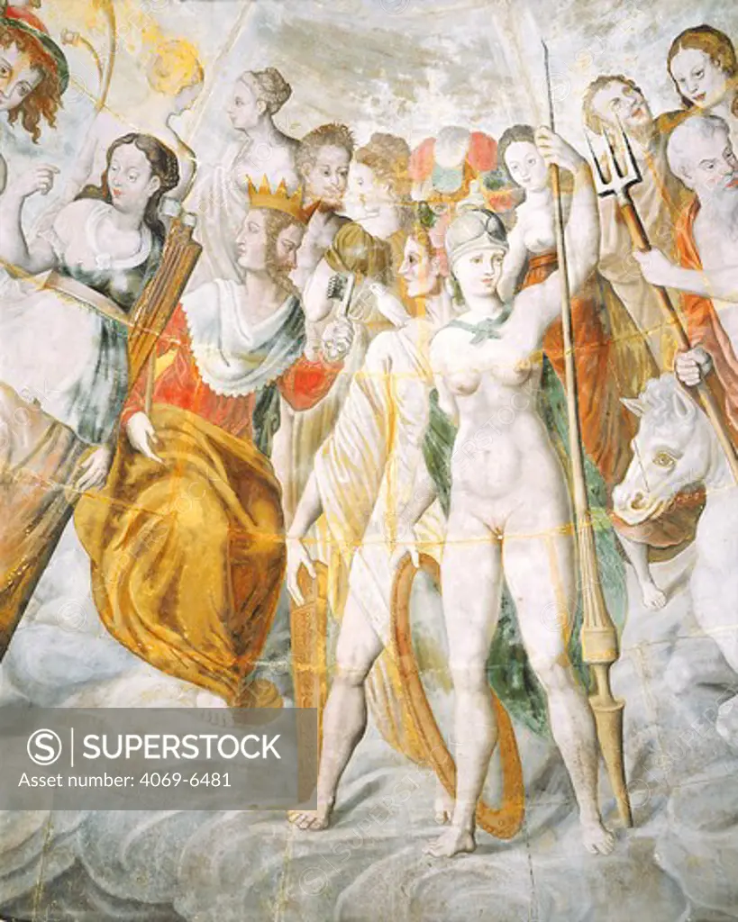 Psyche, Janus holding the keys to Rome, Minerva, Juno, Catholics and Protestants as gods and goddesses at the court of Henri II, after an ode by Ronsard, frescoes in the golden tower called La Ligue, 16th century