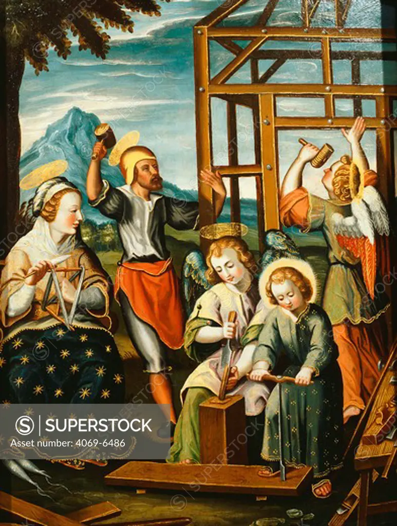 Scene from the Childhood of Jesus, woodworking with his father, painted wood panel, Dalmatian school, early 17th century
