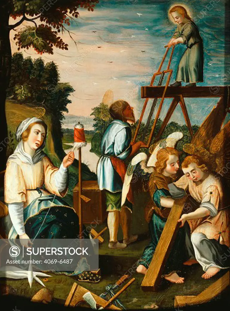 Scene from the Childhood of Jesus, scene in the joinery workship, Mary spins wool, painted wood panel, Dalmatian school, early 17th century
