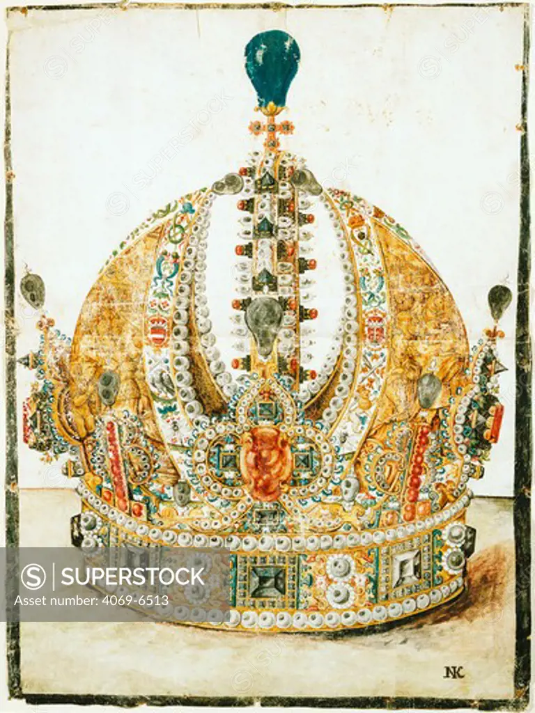 Imperial Crown of RUDOLF II Hapsburg, 1552 - 1612, Germanic Holy Roman Emperor, grandson of CHARLES V, 1500 - 1558, Holy Roman Emperor, watercolour, c.1575-76, Prague