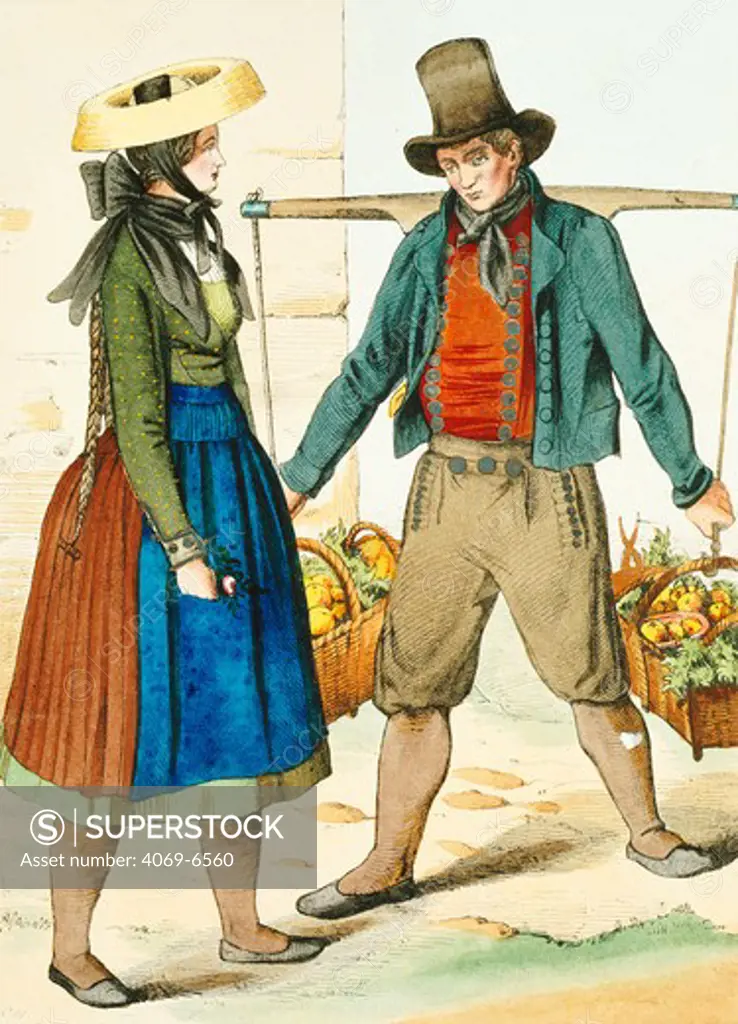 Porter carrying fruit and vegetables, Wurtemberg region, Germany, mid-19th century, engraving by Schurig