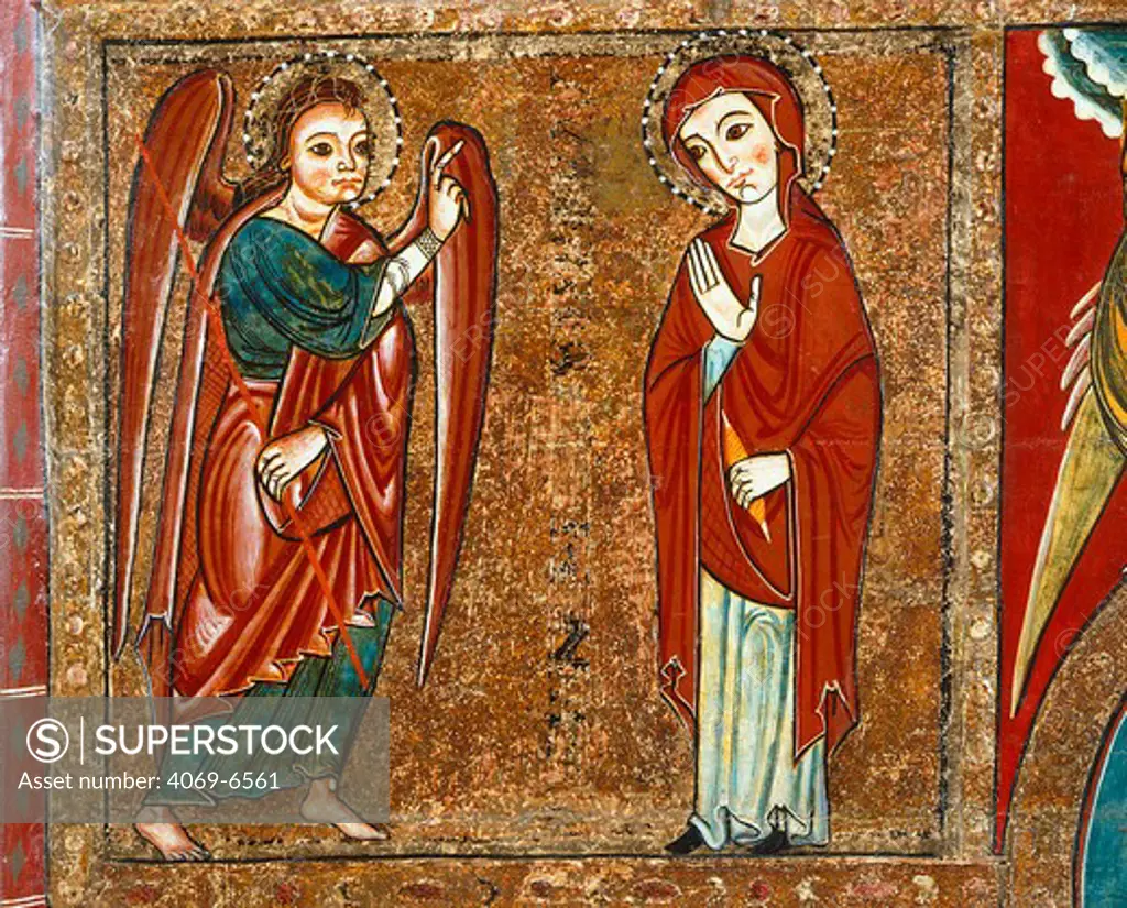 Annunciation, altarpiece of Santa Maria de Lluca, tempera on poplar wood, c.1225-50, Catalan Romanesque, from monastery of Santa Maria de Lluca, detail