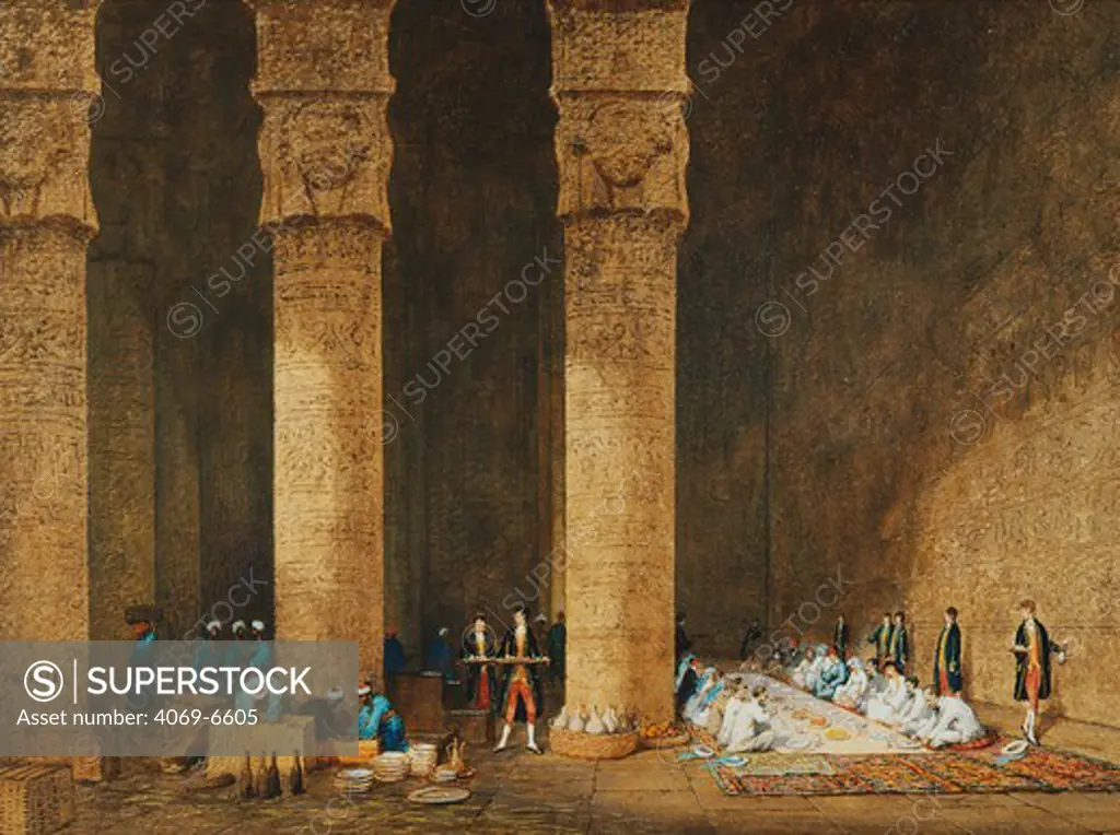 Meal in an Egyptian Temple, Her Majesty Empress EUGENIE, 1826-1920, in Egypt for the inauguration of the Suez Canal, watercolour and gouache, 1869