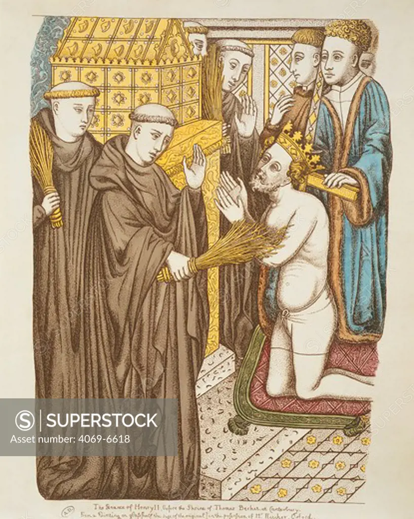 HENRY II, 1133-89, King of England performing his penance before the Shrine of Thomas Becket at Canterbury, medieval English, after a minature