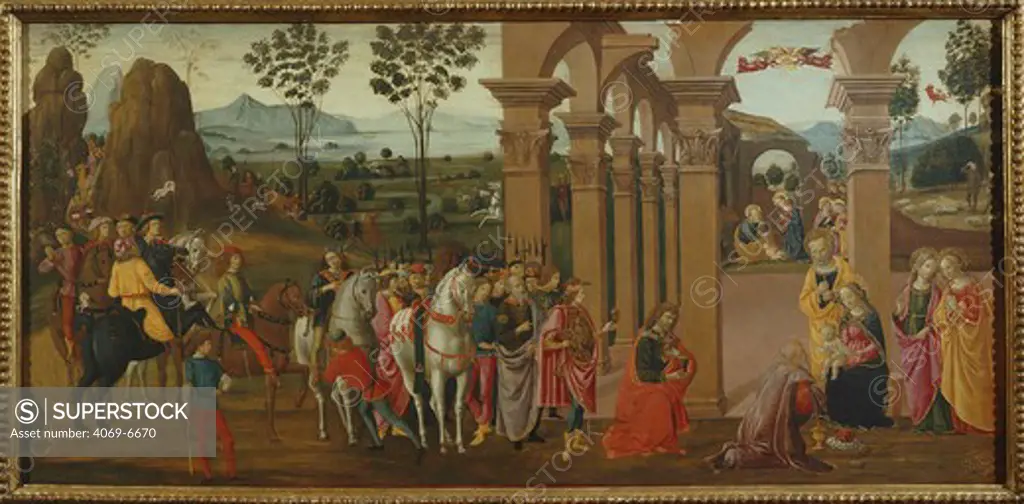 The Adoration of the Magi, the Nativity and the Annunciation to the Shepherds, oil on panel, c.1485-90, Master of the Fiesole Epiphany, late 15th century