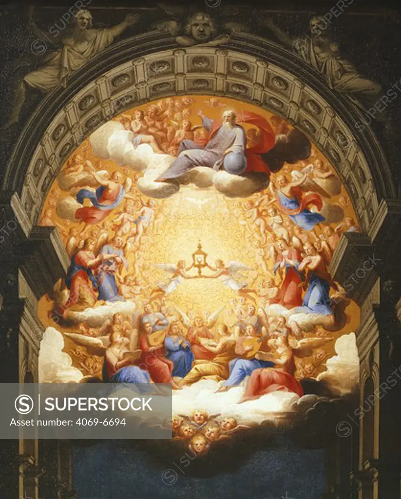 Sunrise on the New Testament, the Eucharist in a monstrance carried by two angels in the celestial skies, 17th century