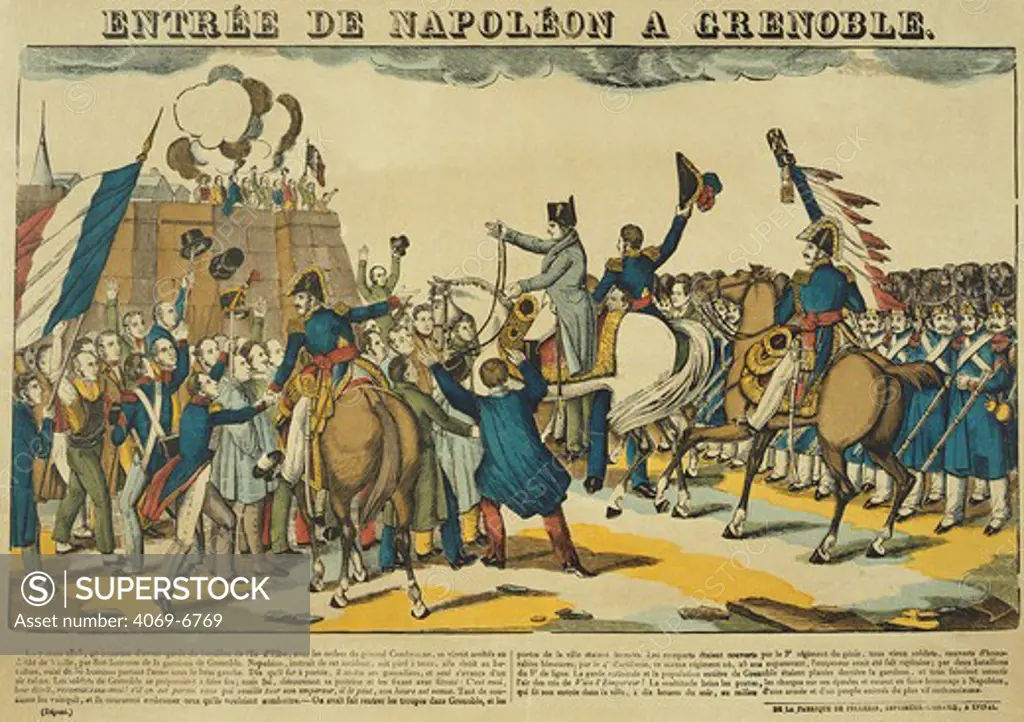 NAPOLEON Bonaparte, 1767-1824, entering Grenoble, during the 100 days, March 7, 1815, print by Pellerin, Epinal