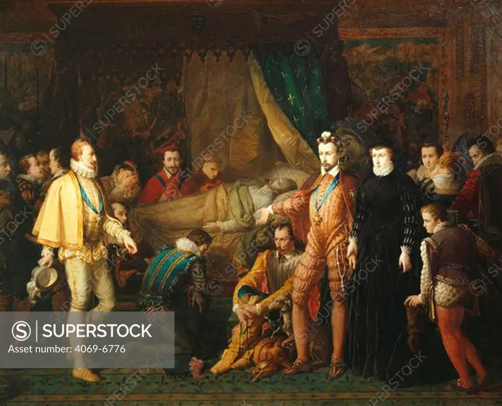 Death of Duke d' ANJOU, 1574, son of HENRI II, King of France and brother of HENRI III, on right with his mother Catherine de Medici