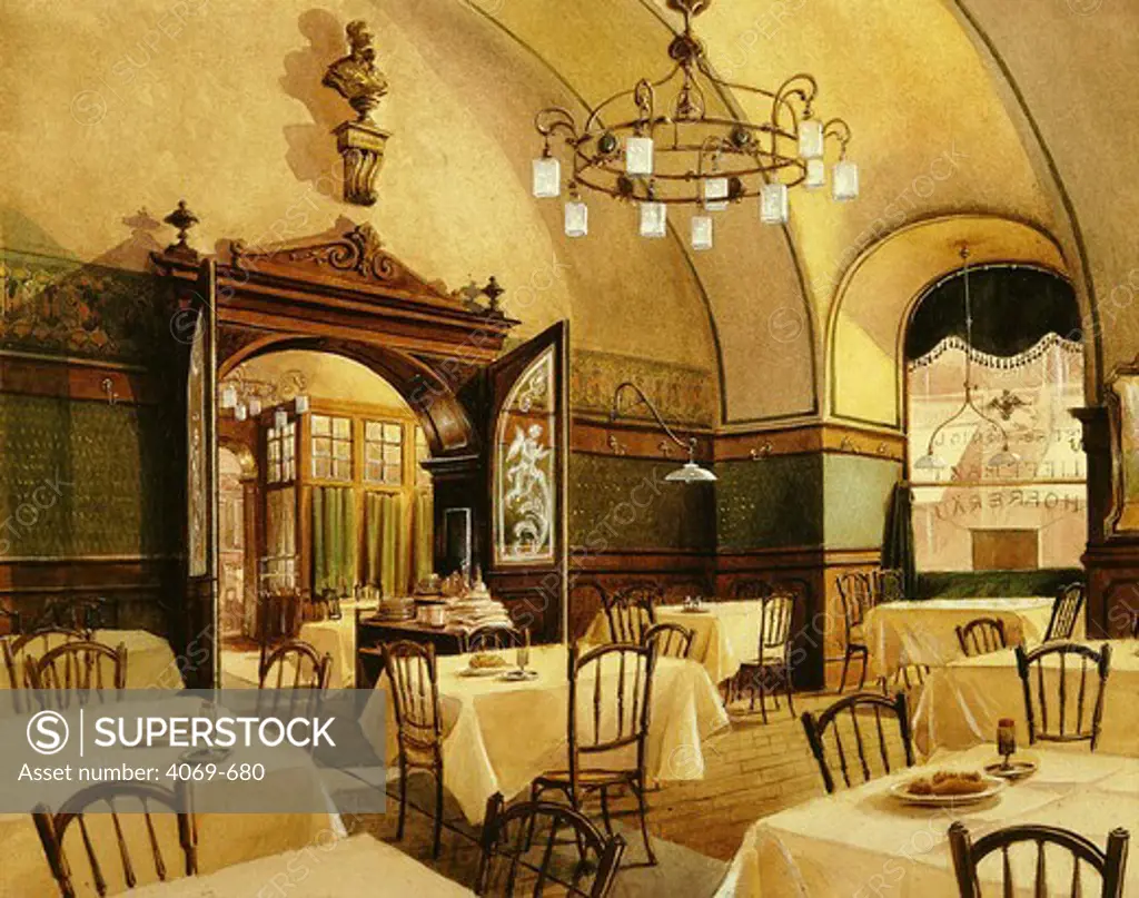 Interior of Viennese restaurant, watercolour by L. Zaijlcek 19th century